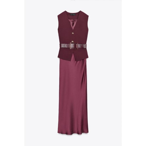 ZARA CONTRAST MIDI DRESS WITH WAISTCOAT AND BELT - Picture 1 of 8